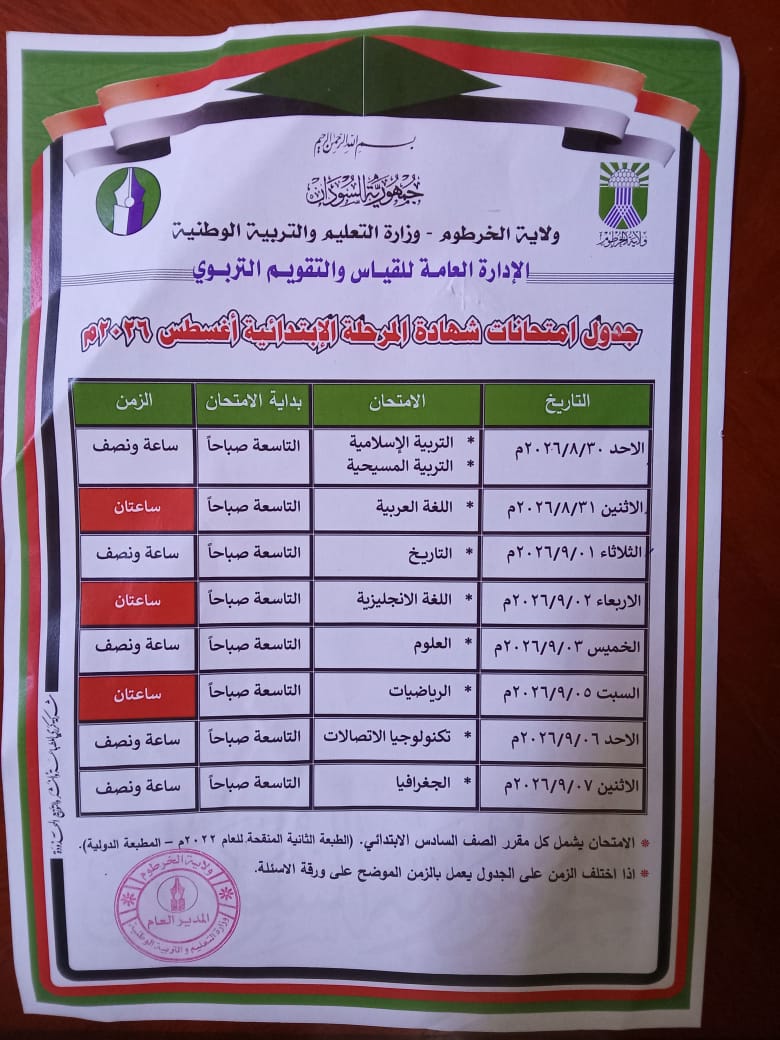 تربية الخرطوم انطلاق امتحانات الشهادة الابتدائية الأحد القادم 30 اغسطس الجاري